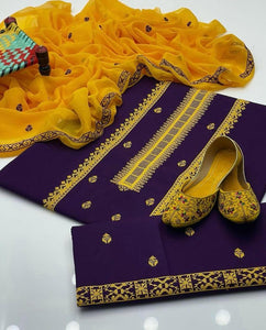 3 Pcs Women's Unstitched Cotton Lawn Embroidered Suit
